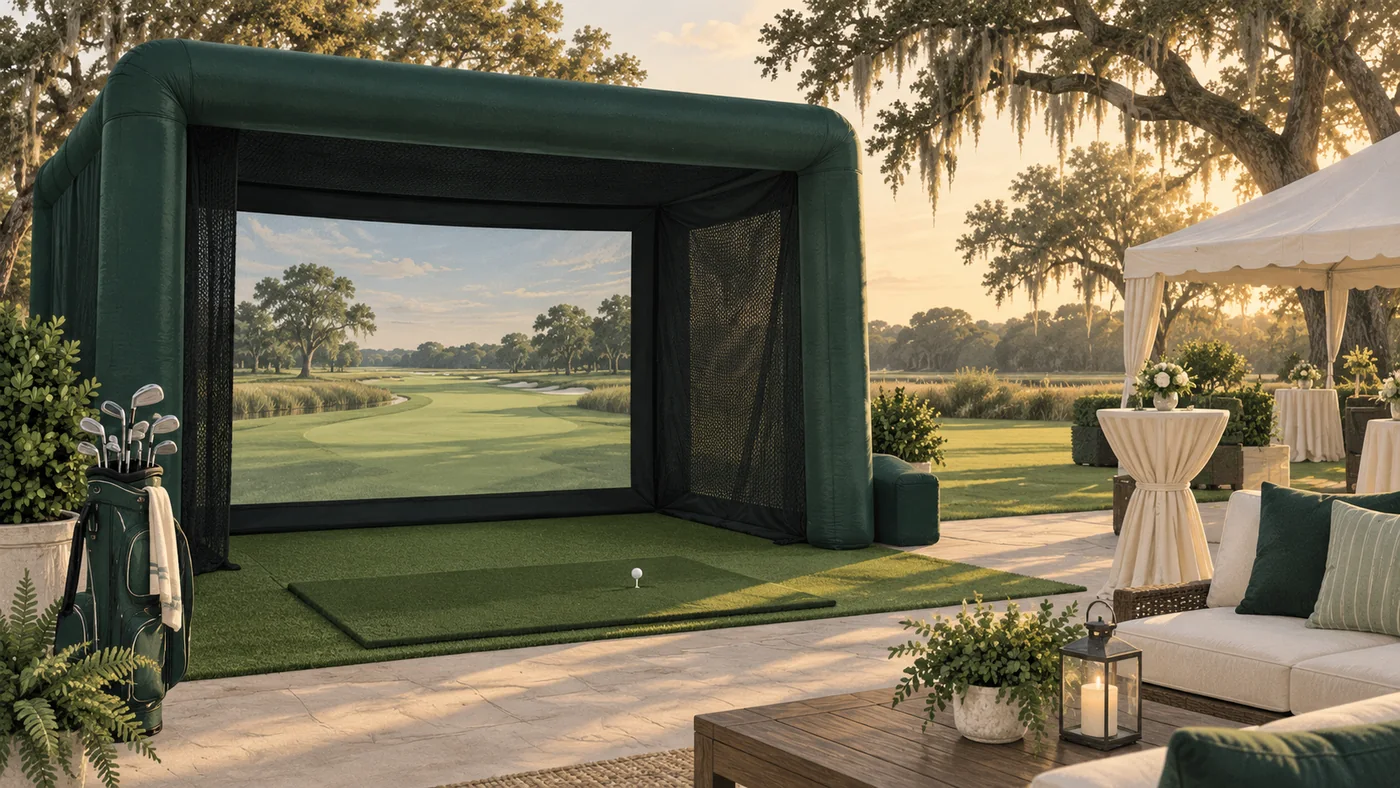 Concept illustration of a golf simulator bay under a tent at a generic southern venue