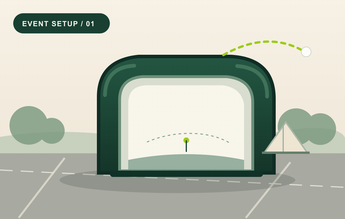 Illustration of an inflatable golf simulator bay beside a tent in an outdoor lot