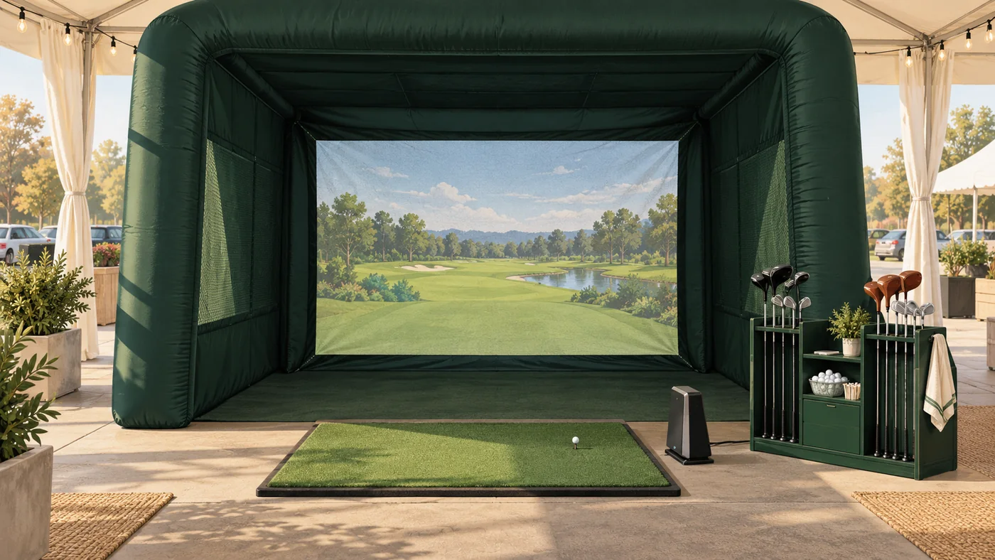 Concept illustration of the inflatable golf bay, screen, clubs, balls, and event setup