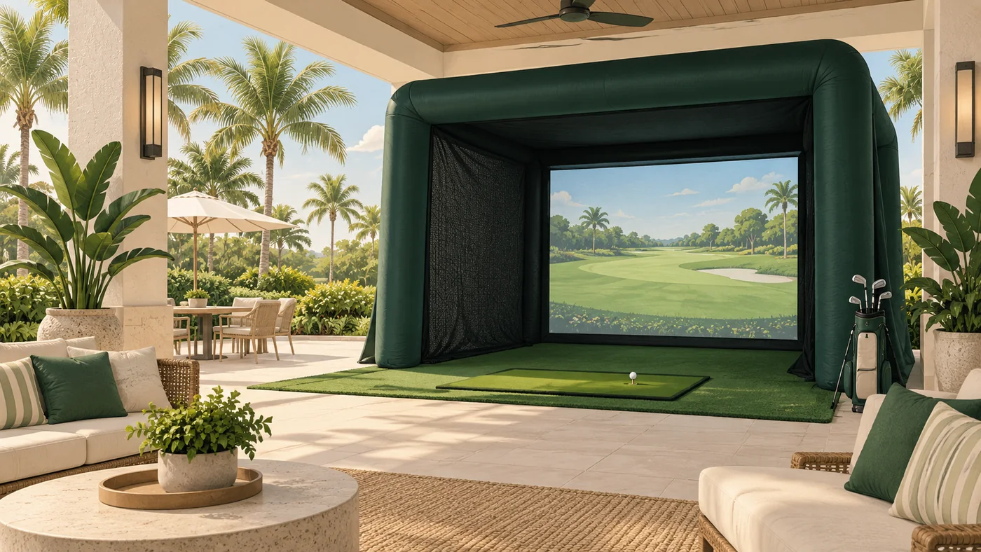 Concept illustration of a golf simulator bay at a generic warm-weather covered venue