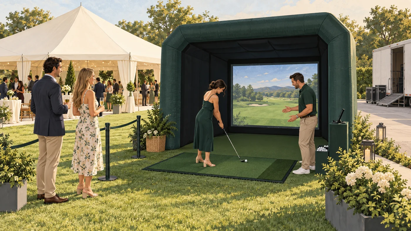 Concept illustration of guests taking turns at a staffed golf simulator beside an event tent