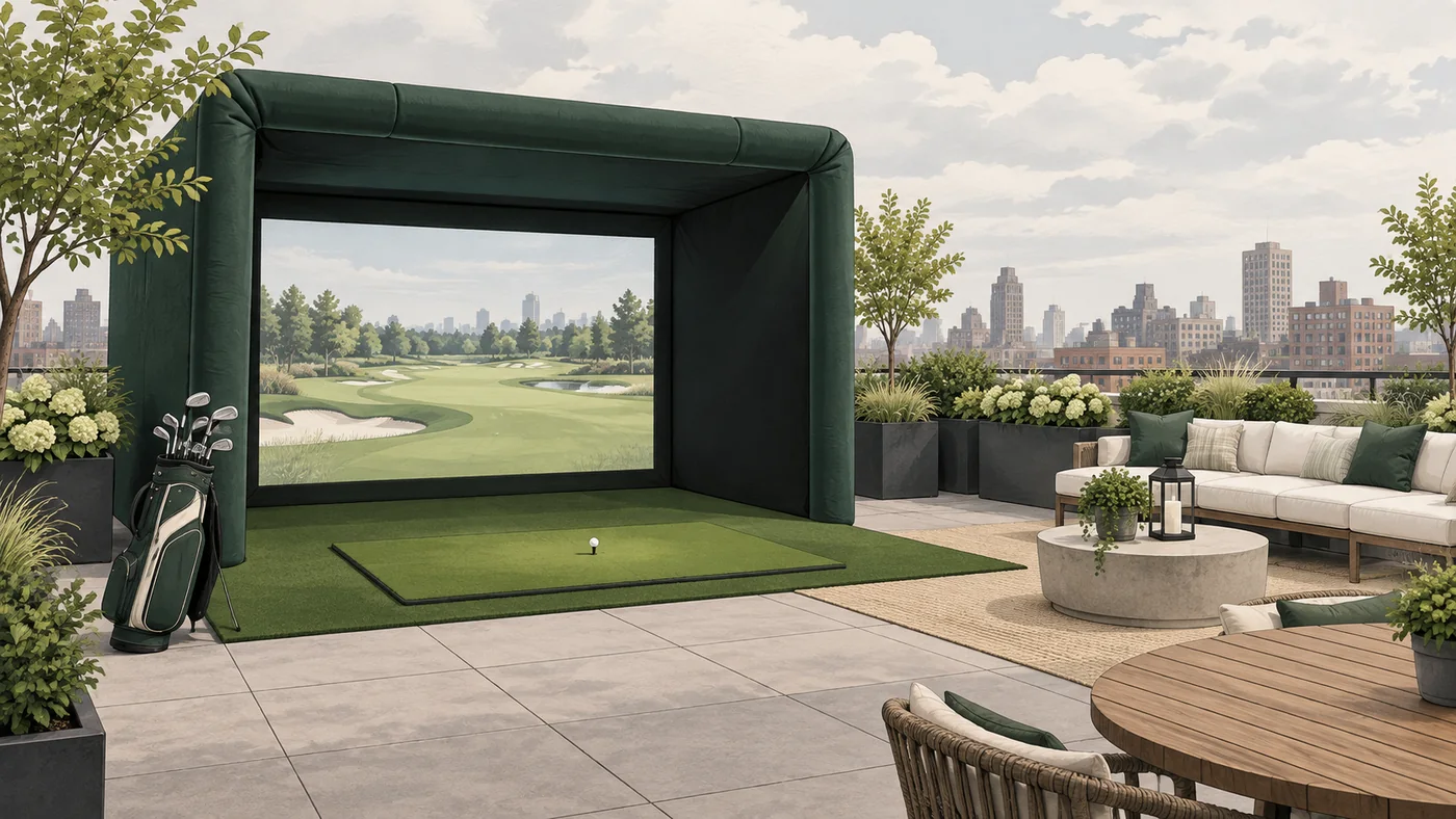 Concept illustration of a golf simulator bay on a generic urban terrace