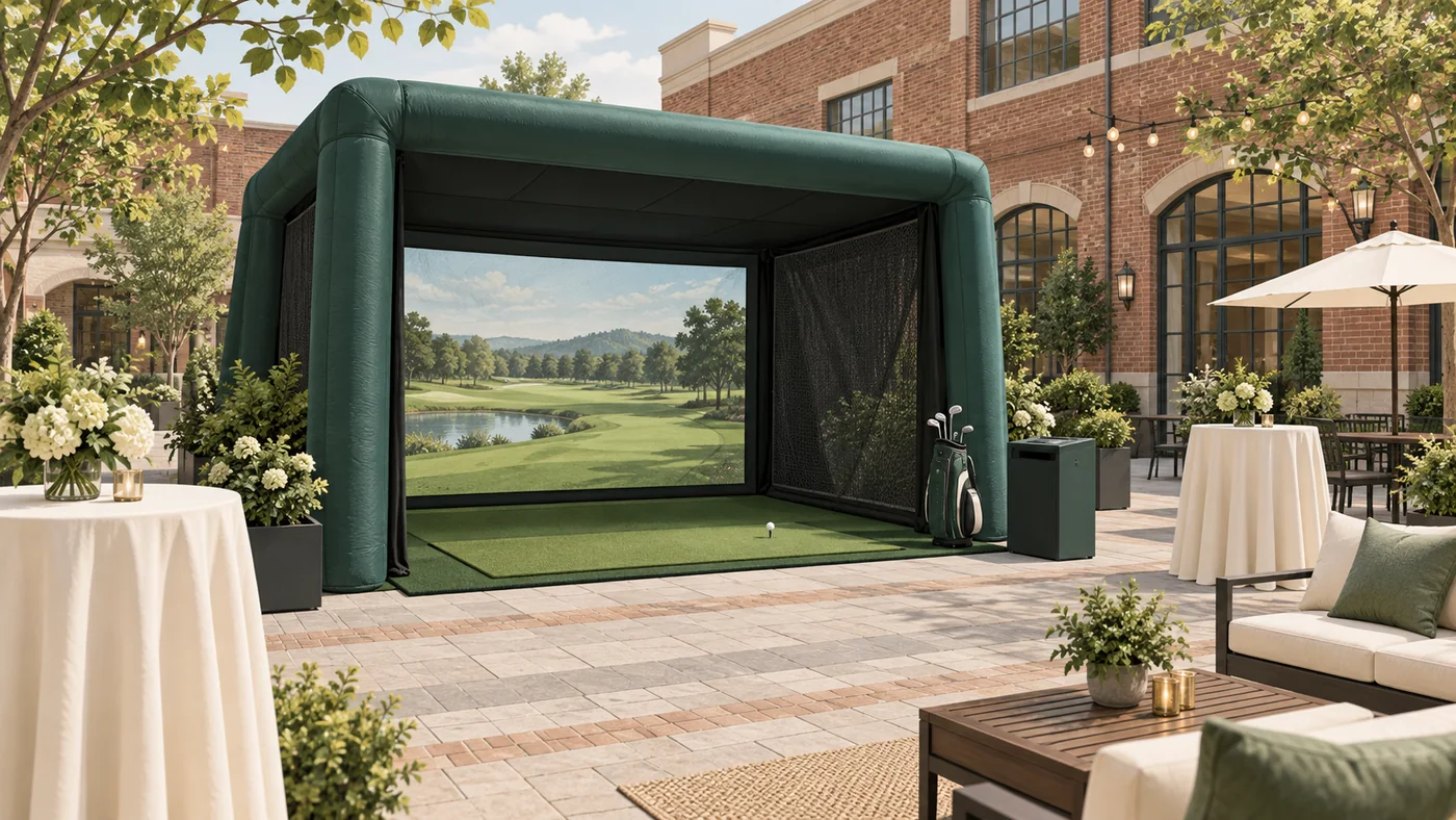 Concept illustration of a golf simulator bay in a generic brick courtyard