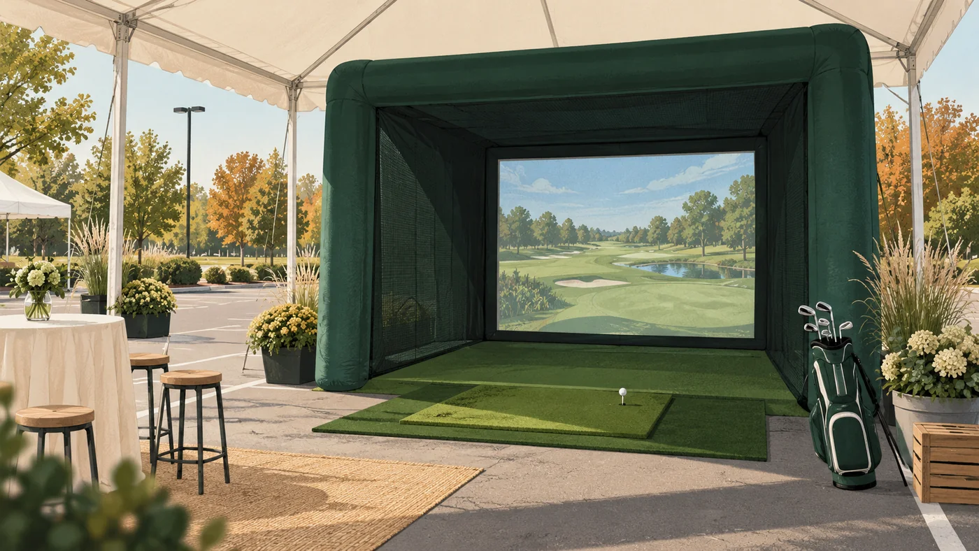 Concept illustration of a golf simulator bay at a generic South Jersey outdoor event setting