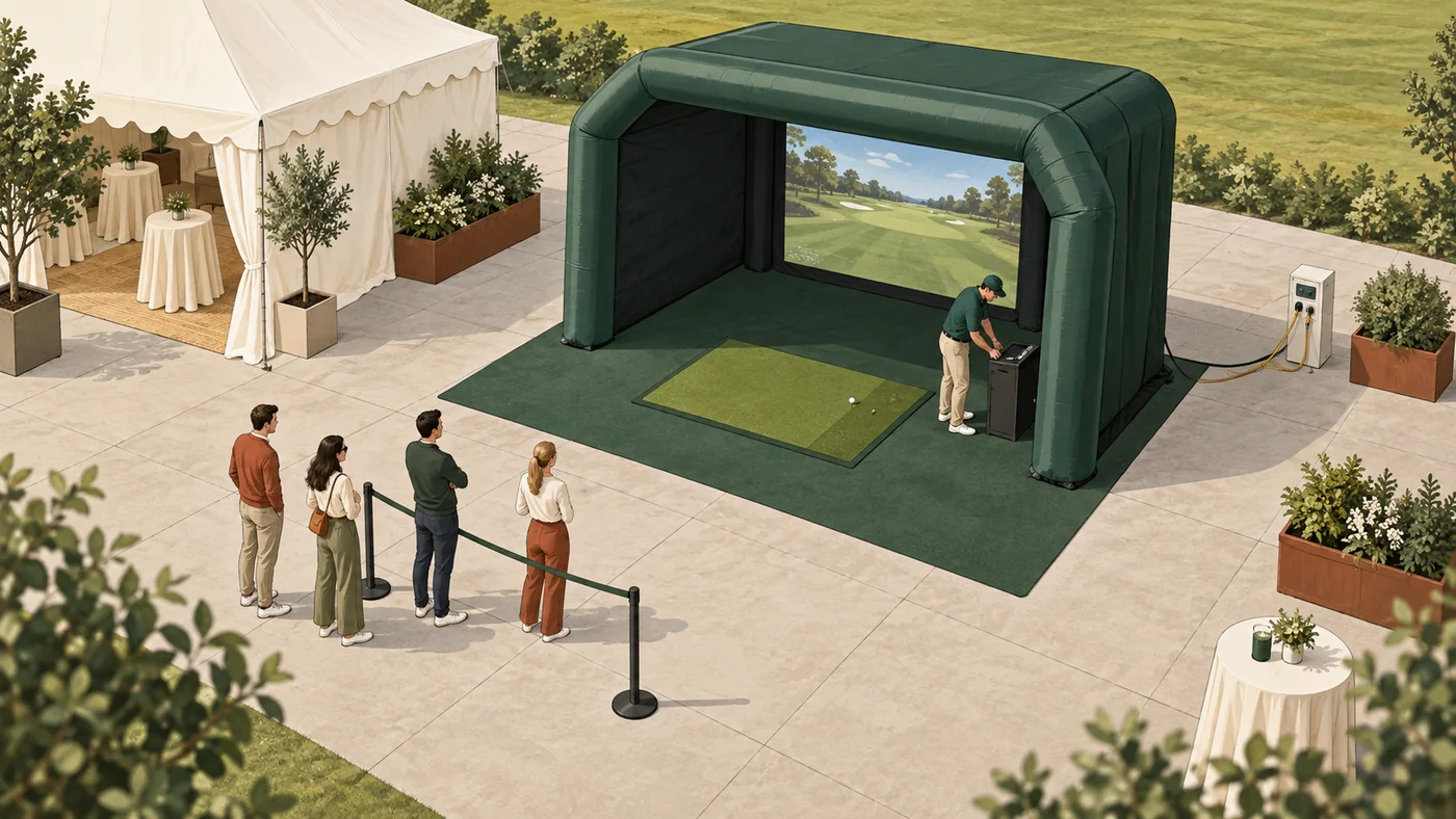 Concept illustration showing an inflatable golf bay, guest queue, tent, and clear setup area