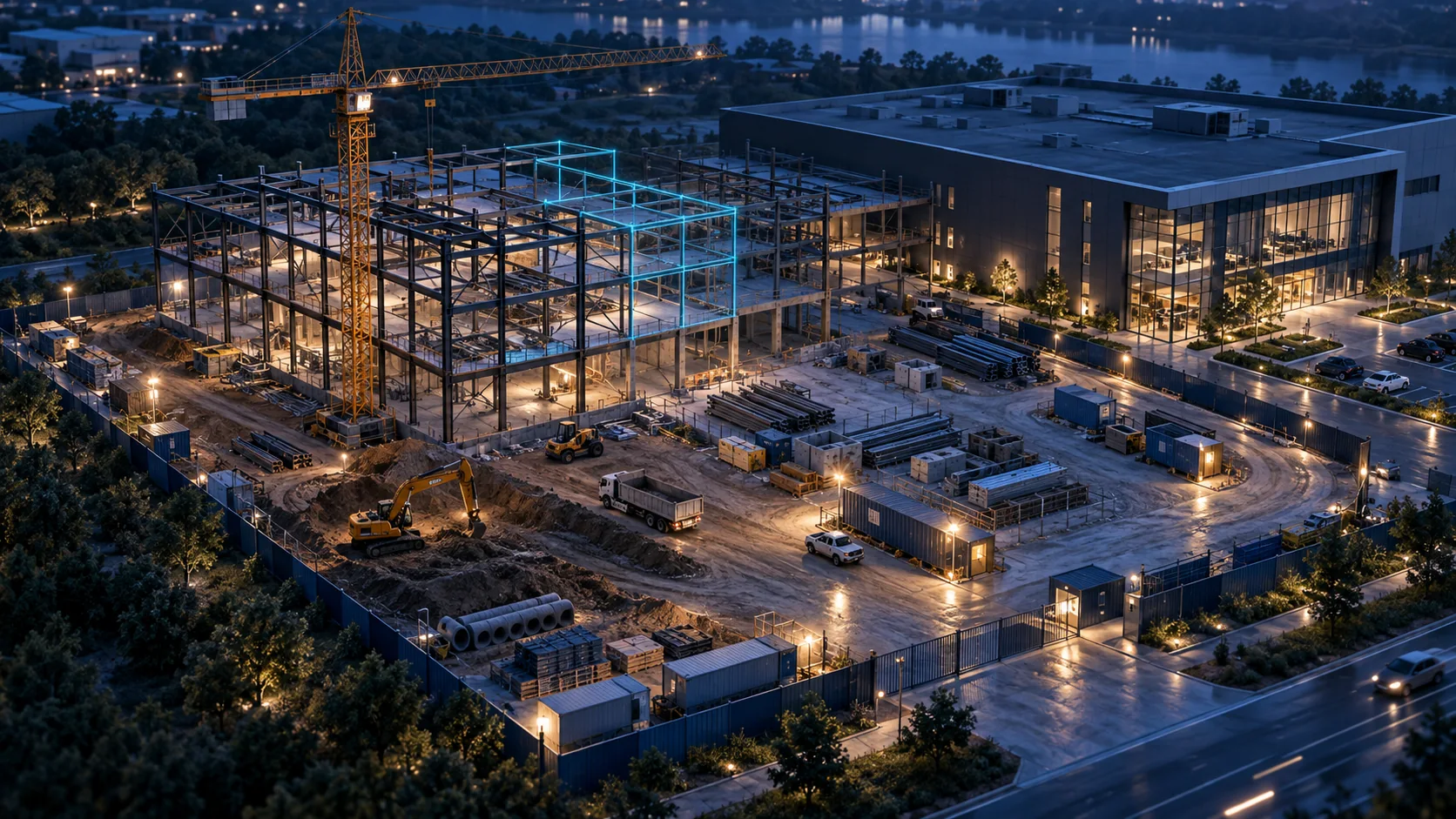 AI-generated construction progress monitoring concept; not a captured project