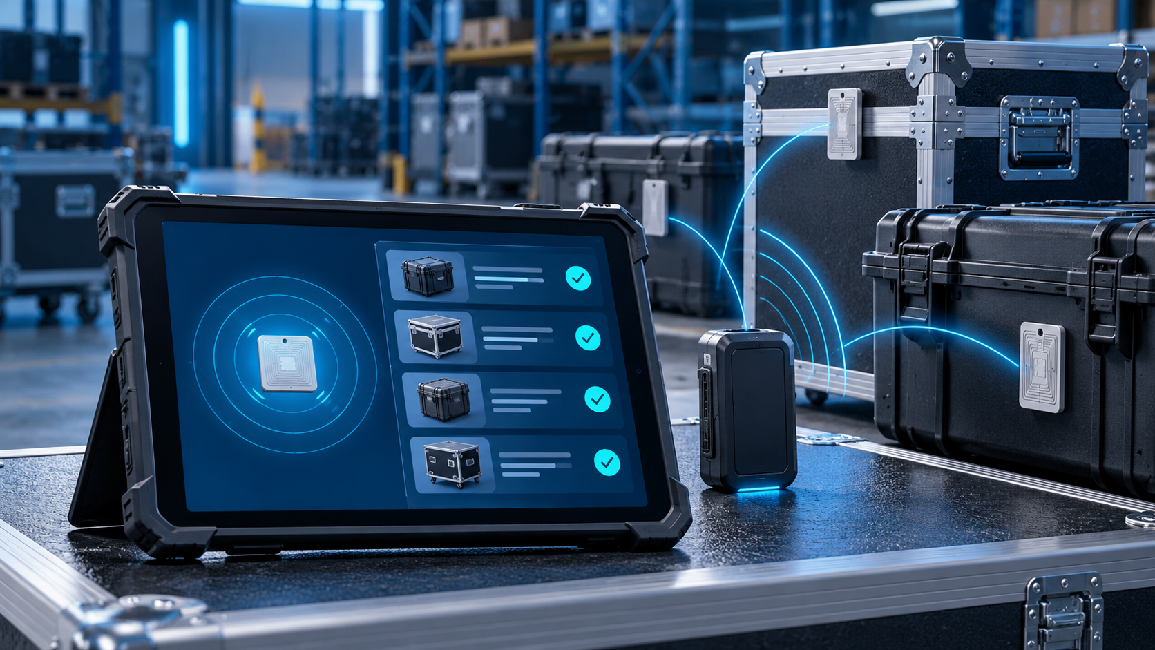 Concept illustration of an unbranded rugged tablet, RFID reader, and tagged equipment cases.