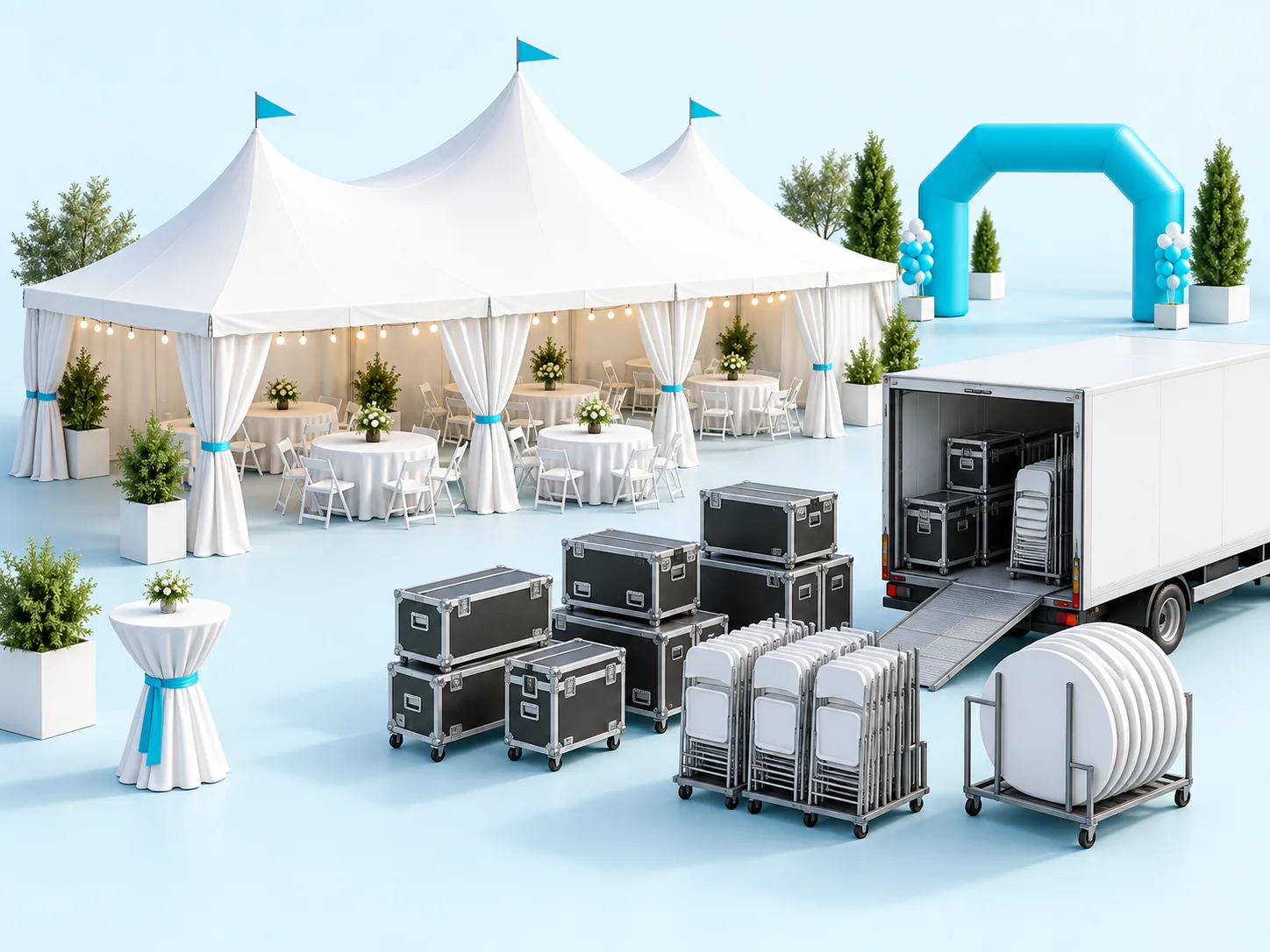 Conceptual illustration of an event tent, tables, chairs, and organized rental deliveries