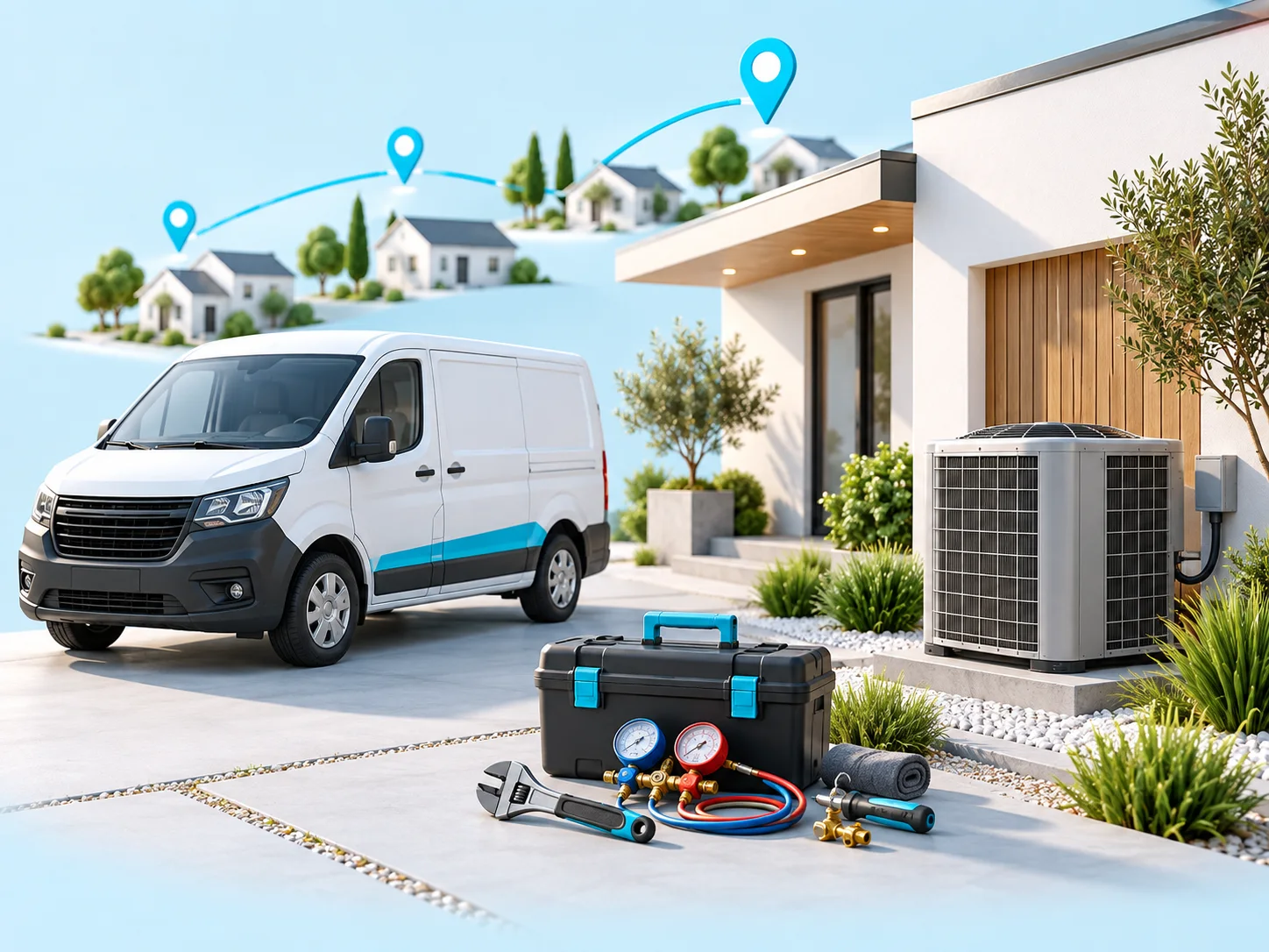 Conceptual illustration of a service van, tools, and a home service visit