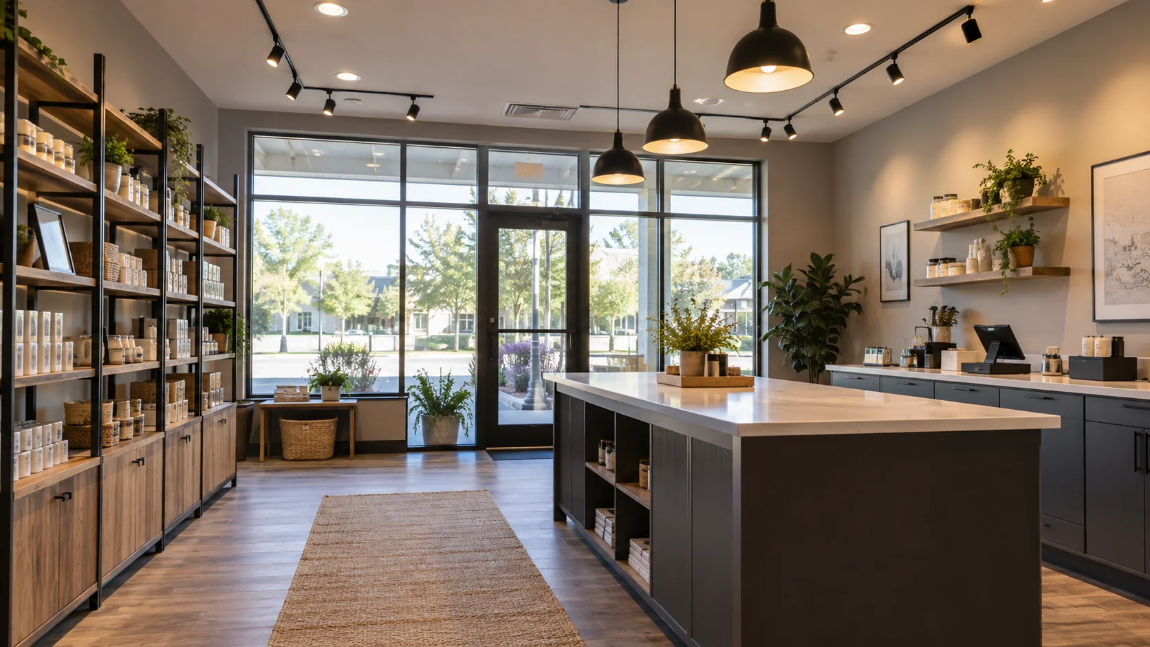 Illustration of a small commercial interior with coordinated ceiling lighting
