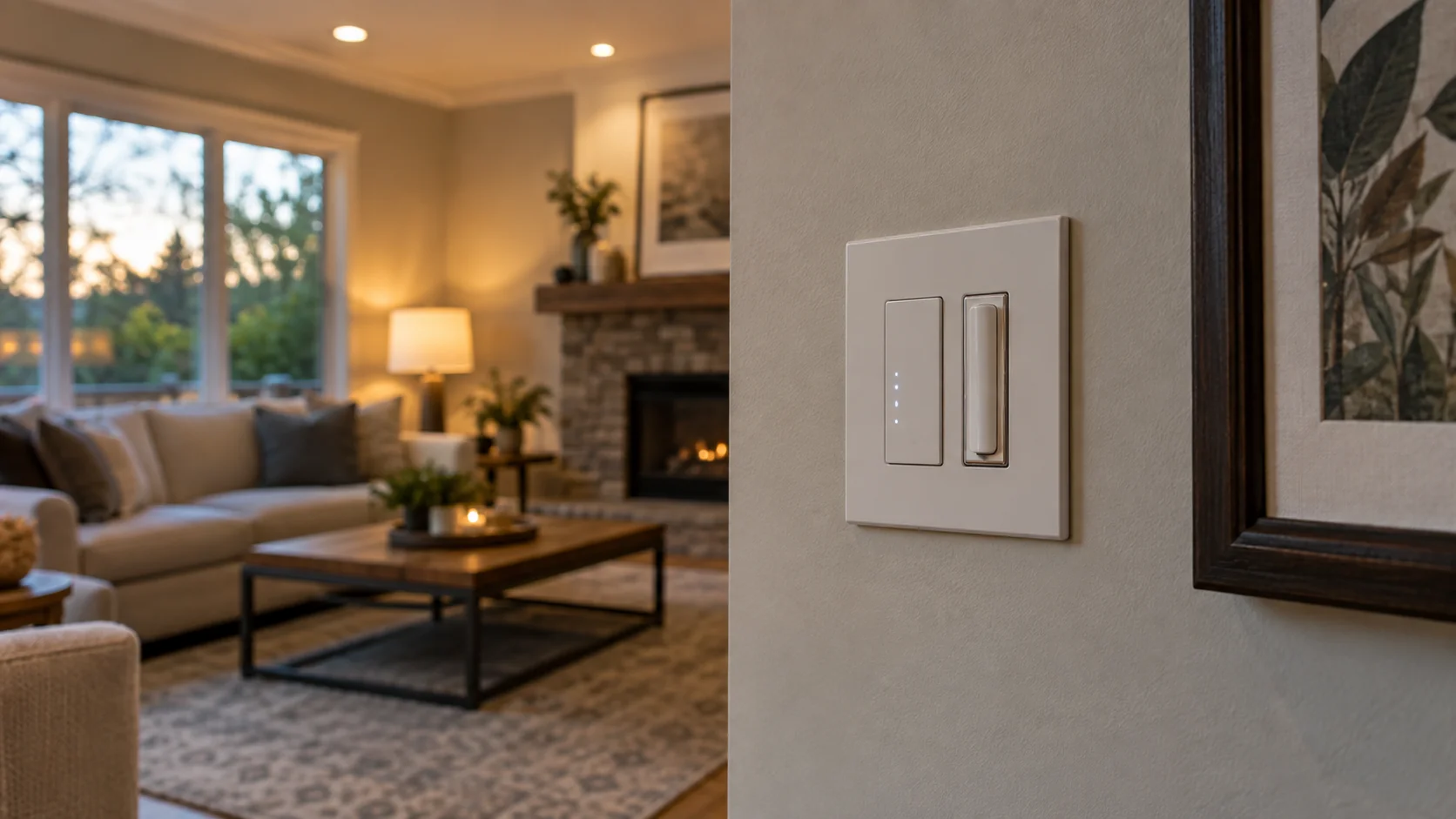 Illustration of wall controls in a softly lit living room