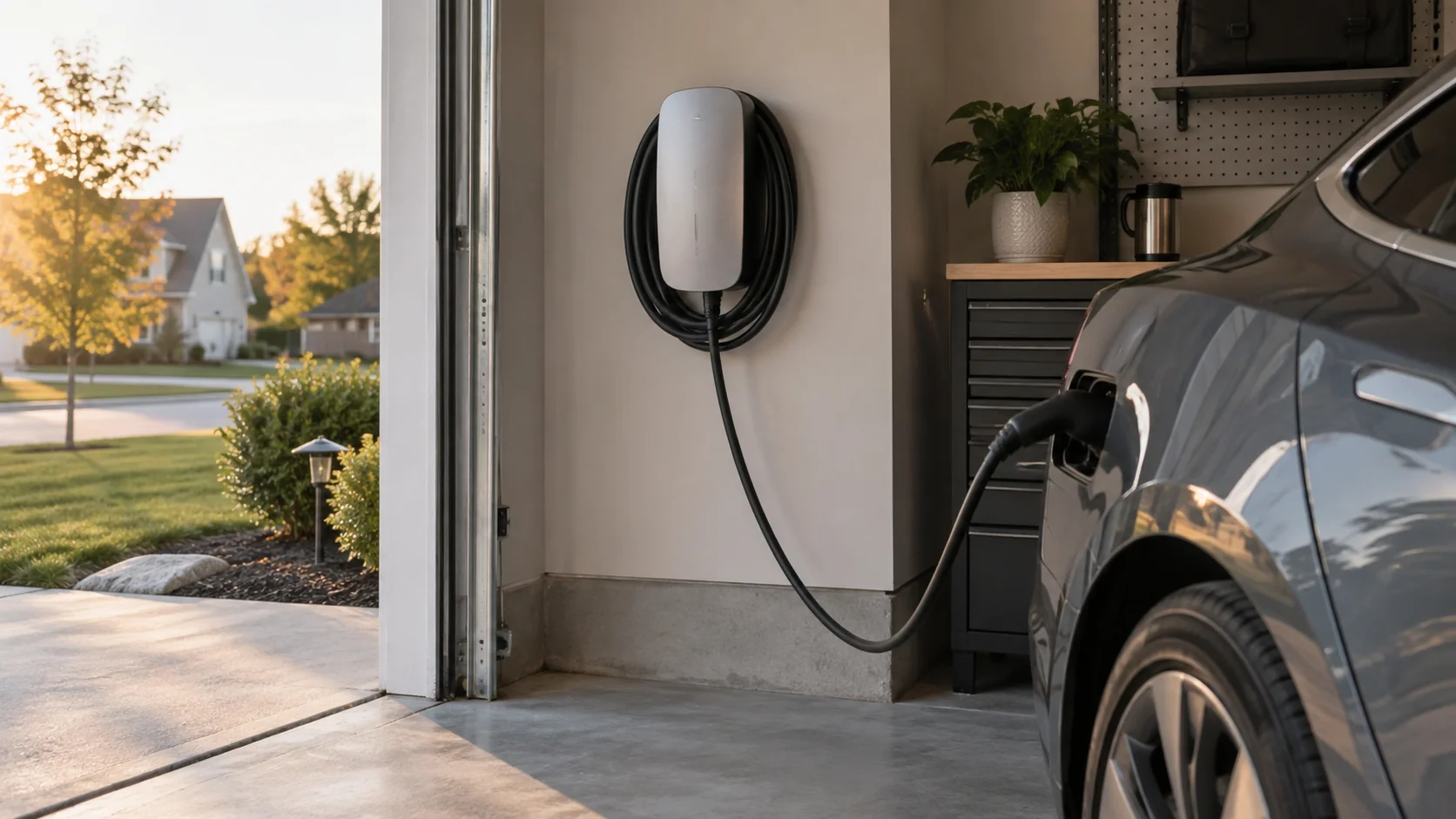 Illustration of a wall-mounted EV charger beside a vehicle in a home garage