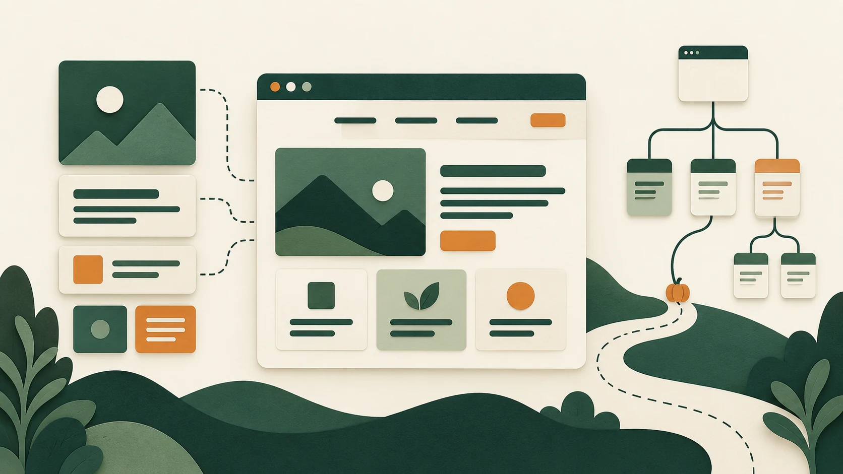 Illustrated content blocks assembling into a website