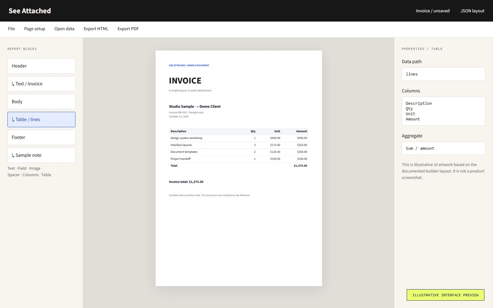 Illustrative view of the Windows report builder with blocks, invoice preview, and properties.