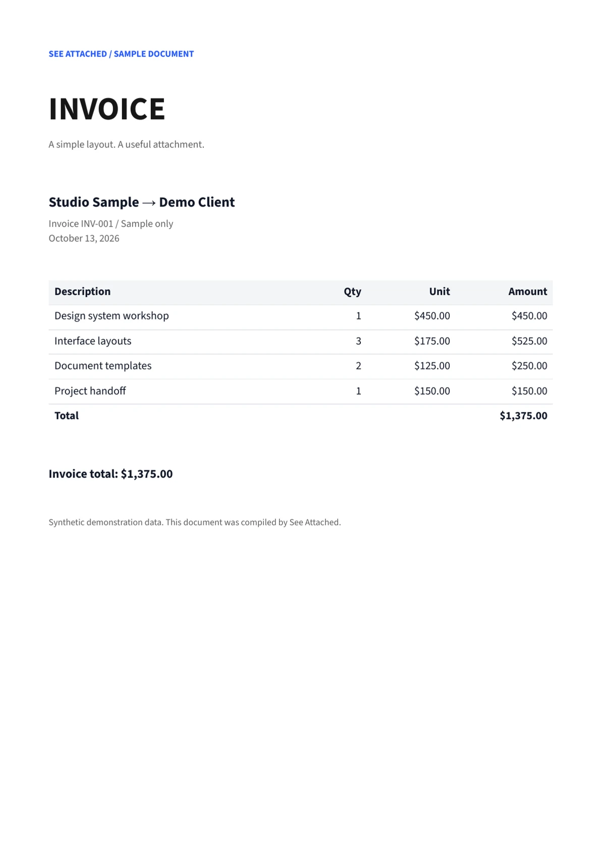 Synthetic invoice compiled by See Attached
